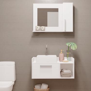Imagem de Kit Gabinete para Banheiro Suspenso 75cm com Armário e sem Cuba Estilare Móveis - Branco