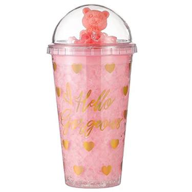 Imagem de Copo de viagem de unicórnio com canudo para bebida gelada congelador caneca com alça para tampa para piquenique, festa de aniversário (olá lindo urso rosa, 450 ml)