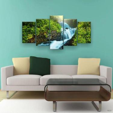 Imagem de Quadro Decorativo Cachoeira Árvores 5pc 129x61 Sala Quarto