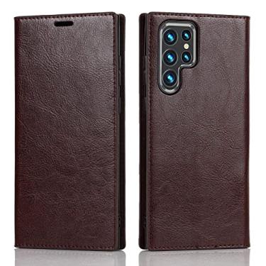 Imagem de Capa tipo carteira para Samsung Galaxy S22, capa de couro legítimo folio compartimentos para cartão fecho magnético TPU Kickstand estilo livro flip capa para celular, marrom