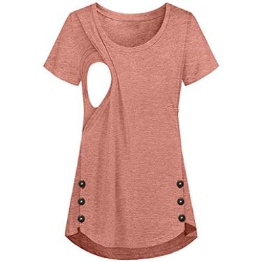Imagem de POLG Camisetas femininas de verão de manga curta para gestantes, cor sólida, botões confortáveis, amamentação, roupas para grávidas, rosa, M