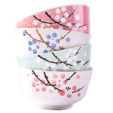 Imagem de Conjunto de 4 tigelas de arroz japonês – 12,7 cm – Tigelas de cerâmica de ameixa floral pintadas à mão em estilo japonês para sopa e arroz de cereal de sobremesa