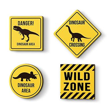 Imagem de Sal Grosso Decora Placas Decorativas Infantil 4 Placas Dinossauro Wild Zone - 20x20 cm Madeira de Engenharia Amarelo Lúdico