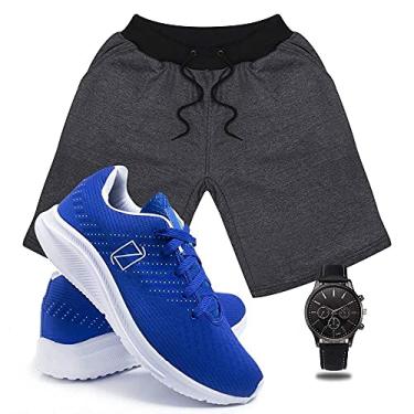 Imagem de Conjunto Bermuda Moletom Masculina + Tenis Masculino Academia Ultra Conforto + Relógio Ponteiro - Grafite-Azul/G-37