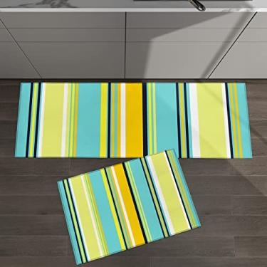 Imagem de Conjunto de 2 tapetes de cozinha listrados coloridos listras verticais laranja azul verde para tapetes acolchoados no chão tapetes e tapetes antiderrapantes absorventes corredor confortável tapete de pé