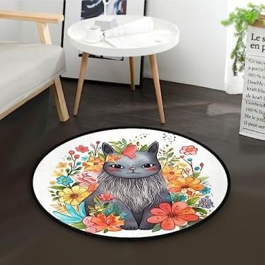 Imagem de GuoChe Tapete circular de 1,8 m, gatos, flores, vermelho, amarelo, verde, antiderrapante, tapete absorvente, ultra macio, lavável, tapete circular macio para decoração de quarto