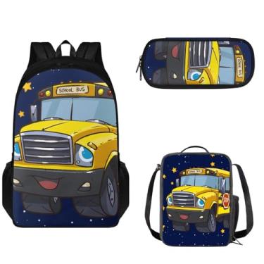 Imagem de Tomeusey Mochila escolar para escola e adolescentes do ensino fundamental, carro amarelo, 3 em 1, com zíper duplo, mochilas para livros com lancheira isolada, bolsa lápis