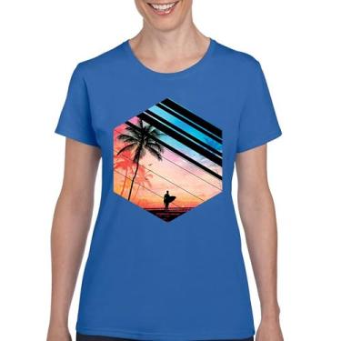 Imagem de Camiseta feminina Surfer Paradise Vintage Ocean Summer Surfing Wave Vacation Sea Beach Surfboard Peddle Boarding, Azul, XXG