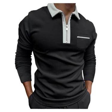 Imagem de Camisa polo masculina meio zíper bolso frontal camisa de golfe cor combinando gola larga pulôver, Cor 1, XXG