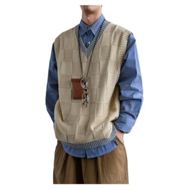 Imagem de Suéter masculino Argyle de tricô com borda canelada suéter de cor sólida, Bege, M