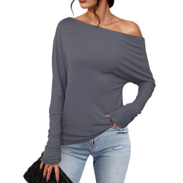 Imagem de Meetrendi Camiseta feminina assimétrica de manga comprida moderna sexy com ombro de fora 2024 camiseta túnica casual solta sólida, Cinza-escuro, XXG