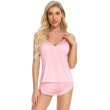 Imagem de LUZBOSE Confortável Loungewear conjunto de pijama feminino para casa shorts pijama de cetim de seda (G, rosa)