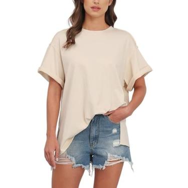Imagem de Camisetas femininas grandes de manga curta gola redonda casual solta básica 2024 roupas modernas bainha dividida, Bege, M