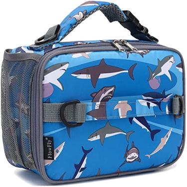 Imagem de FlowFly Lancheira infantil, Lancheira escolar com isolamento durável com alça de ombro e suporte para garrafa, Sacola térmica resistente à água pequena para lancheiras para meninos e meninas adolescentes, tubarão