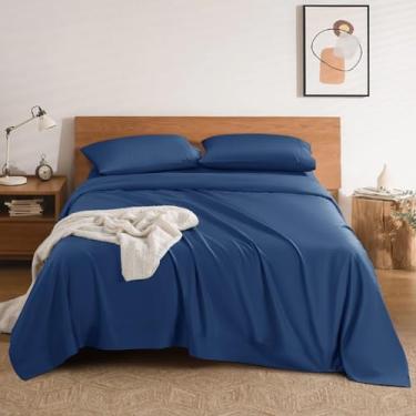 Imagem de REDASW Jogo de lençóis 100% algodão egípcio 1200 fios, conjunto de lençol king size 4 peças, bolso profundo de 40,6 cm, todas as estações, roupa de cama macia (azul marinho)