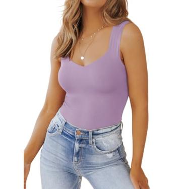 Imagem de PINKMSTYLE Camiseta regata feminina básica com forro duplo e gola V, sem mangas, emagrecedora, verão, Violeta, P
