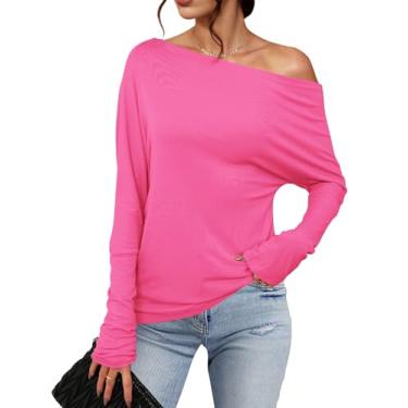 Imagem de Meetrendi Camiseta feminina assimétrica de manga comprida moderna sexy com ombro de fora 2024 camiseta túnica casual solta lisa, Rosa choque, GG