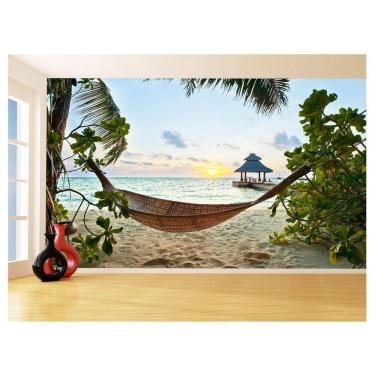 Imagem de Papel De Parede 3D Praia Mar Coqueiros Rede Céu 3,5M Npr262