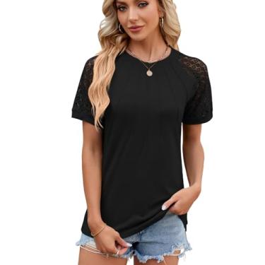 Imagem de Camiseta feminina de cor lisa, gola redonda, renda, patchwork, elegante, primavera, painel moderno, casual, camisetas gráficas, Preto, G