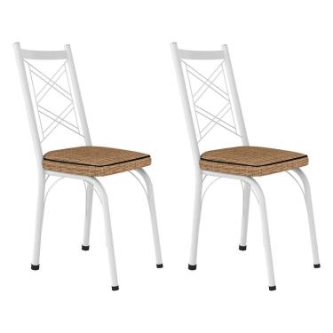 Imagem de Kit 2 Cadeiras De Cozinha Delaware Estampado Rattan Bege Pés De Ferro Branco