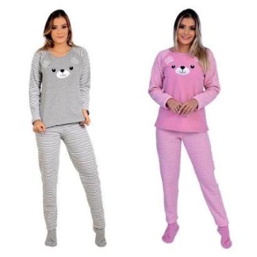 Imagem de Kit 2 Pijamas Femininos Plush Longo Quentinho Inverno Rosa / Cinza-Feminino