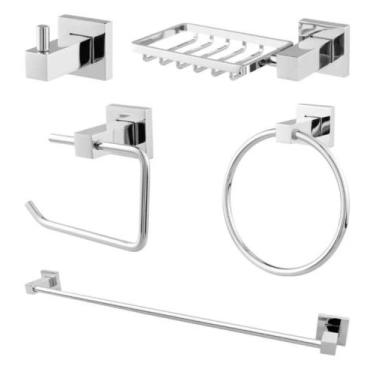 Imagem de Kit Acessórios Banheiro 5 Peças metal  Quadrado cromado Luxo premium -