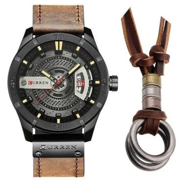 Imagem de Relógio Masculino Curren Pulseira Marrom + Colar Dois Anéis, Marrom
