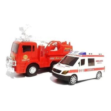 Imagem de kit com 2 carrinhos Infantil Ambulância e Bombeiro com Luzes e Som - T