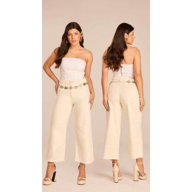 Imagem de Calça Feminina Jeans Pantacourt Cintura Alta Bege Tendência - Aymee, B