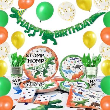 Imagem de Artigos de festa de dinossauro aquarela – Decoração de festa de aniversário com tema de dinossauro, para meninos, banner de aniversário, balões, pratos, guardanapos, talheres, toalha de mesa, utensílios de mesa, serve para 16 convidados, 153 peças