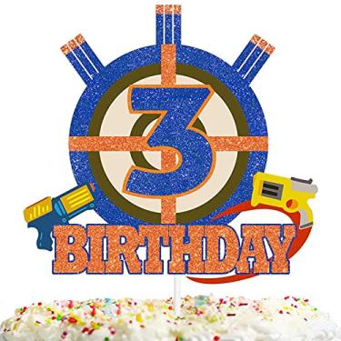 Imagem de Palheta de topo de bolo Gun Target para meninos meninas 3º aniversário dardo bala tema guerra festa decoração suprimentos arma tiro mira glitter decoração de bolo para torcer até 3 anos de idade