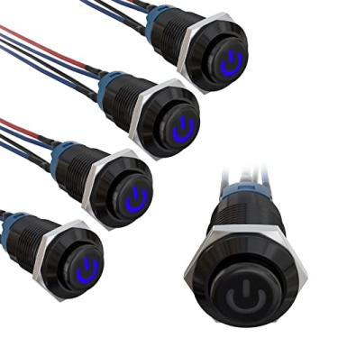 Imagem de Starelo Interruptor de botão LED de travamento de 12 mm mini concha preta redonda com pré-fio, logotipo Power Mark, interruptor de botão à prova d'água IP65, 1NO 1 normalmente, autotravamento (azul)