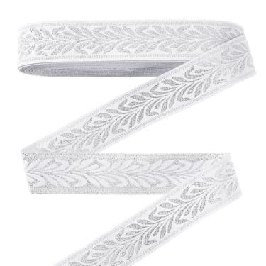 Imagem de PH PandaHall Fita de poliéster estilo étnico com padrão de folha jacquard branca de 20 m para costurar, bolsa de vestuário, acessórios para cinto, fitas decorativas para o Natal, Halloween, 2,5 cm de
