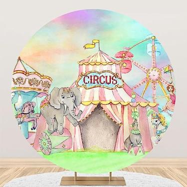 Imagem de AOFOTO 2,3 x 2,3 m Circus Carnaval redondo capa de fundo rosa circo grande tenda carrossel roda-gigante fundo círculo para crianças artigos de decoração de festa de aniversário recém-nascidos adereços