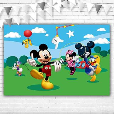 Imagem de Pano de fundo do Mickey Mouse Clubhouse Happy Birthday de 1,5 x 0,9 m Pano de fundo do Mickey Mouse e seus amigos para decoração de quarto de meninos