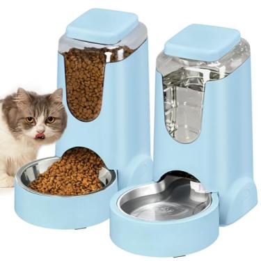 Imagem de Alimentador automático portátil para gatos e bebedouro de água com tigela de aço inoxidável, alimentador e bebedouro para animais de estimação pequenos e médios, filhotes de 1 galão x 2 (azul claro