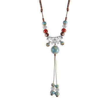 Imagem de MINACHI Boho Hippie Colar de contas de cerâmica étnica em Y, joia vintage boêmia, de verão, presente para mulheres, Zinco, Sem Pedra Preciosa