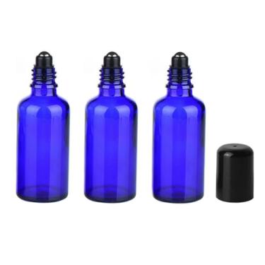 Imagem de 3 garrafas roll-on de vidro azul recarregáveis vazias de 50 ml com esferas de aço inoxidável e tampa preta para protetor labial de óleo essencial Attar