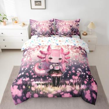 Imagem de Feelyou Conjunto de cama casal de 7 peças de axolote fofo para meninos e meninas, personagens de anime, conjunto de edredom infantil com estampa de princesa, flores de cerejeira, 7 peças