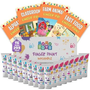 Imagem de MOMOTOYS Tinta para dedo infantil - 16 cores laváveis - Kit de pintura a dedo com 16 livros bônus de 295 páginas - Tinta não tóxica para crianças (3+) sem bagunça