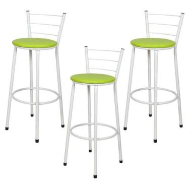 Imagem de Jogo 3 Banqueta Alta Para Cozinha Branca Epoxi Assento Verde - Lamar D