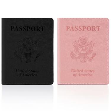 Imagem de Capa para cartão de passaporte e vacina, carteira para passaporte com compartimento para cartão de vacina, Preto + rosa, 2pcs
