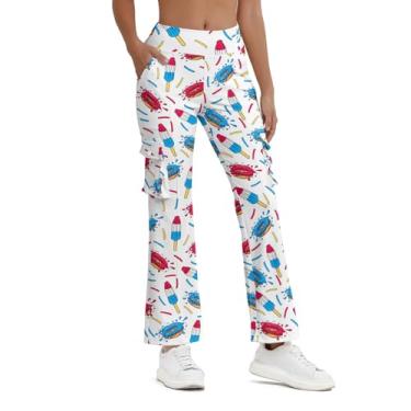 Imagem de Balicaton Calça feminina de ioga elástica com boca de sino elástica casual com bolsos, Donut com bandeira americana, XXG