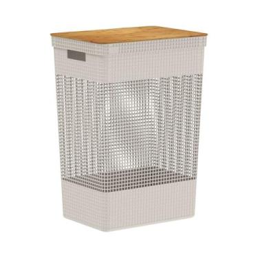 Imagem de Cesto de Roupas com Tampa de Bambu Grid Bege 49L - Ou