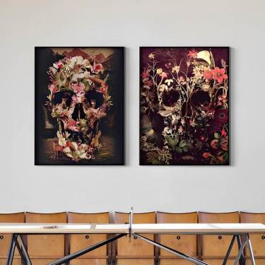 Imagem de Kit 2 Quadros Caveira com Flores - Moldura Caixa + Foam + Vidro em Vár