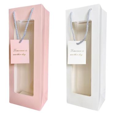 Imagem de HANSWARE 6 peças de saco de presente de vinho com alças para garrafas, presentes, sacos de papel de janela transparente para dia dos namorados, casamento, Páscoa, Natal, chá de bebê, festa de
