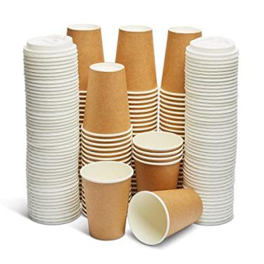 Imagem de GEEONYX Copos de café reutilizáveis e descartáveis com tampas, 340 g - pacote com 100, parede com isolamento duplo ecológico e biodegradável e copos de papel orgânico pesado para casa, escritório
