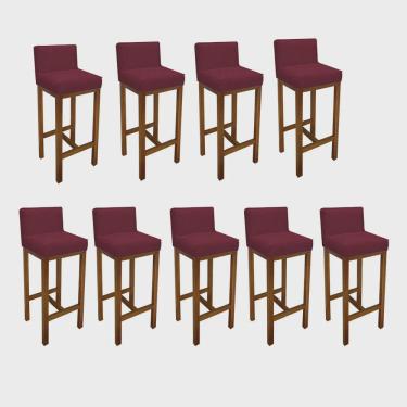 Imagem de Kit 09 Banqueta Alta Com Encosto Loren Cozinha Balcão Bistrô Base Madeira Castanho Suede Bordô - Ahz Móveis