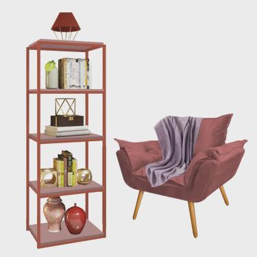 Imagem de Kit Poltrona Fatte com Manta Soft Lilás e Estante Livreiro Ferro Bronze mdf Rose Suede Rose Gold - Ahz Móveis