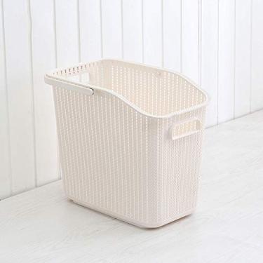 Imagem de Cestos de lavanderia, cesto de roupa suja de plástico, cesta de armazenamento de banheiro, cesta de roupas de tecido de vime, cesto de compras respirável à prova de umidade (branco)